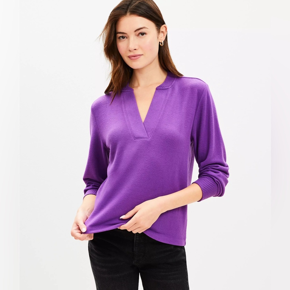 💜EUC LOFT Jersey Split Neck Purple Mandarin Collar Relaxed Blouse in Size Small